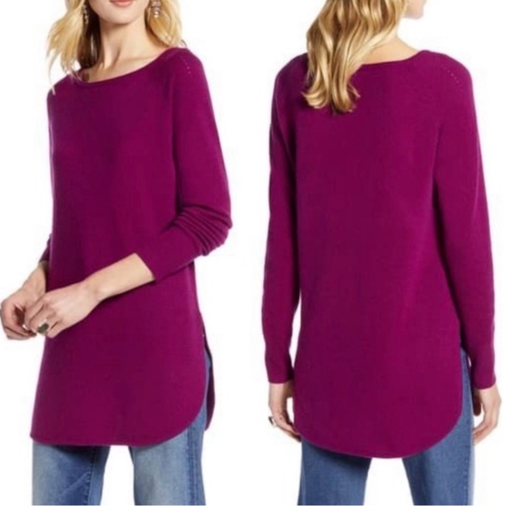 Halogen Scoop Neck Pure Cashmere Natural Fiber Fall Winter Tunic Magenta Sweater